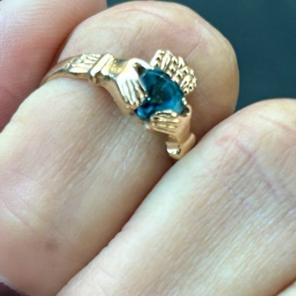 10K Yellow Gold Heart Shaped Blue Topaz Claddagh Irish Engagement Wedding Ring - Picture 2 of 16
